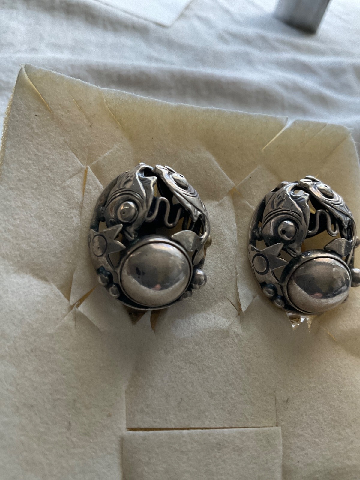 Vintage n e from unsigned Denmark Sterling Fish earrings screwback now omega