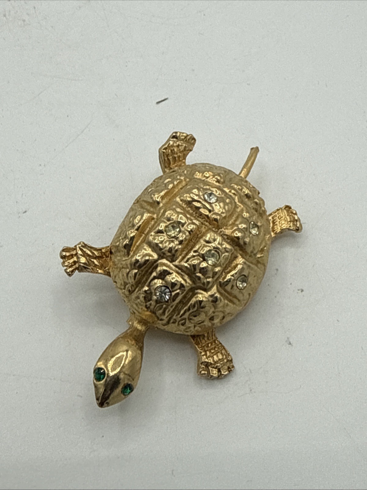 Gold Turtle Brooch/Pin With Green Eyes And Clear Stones On Shell Vintage (READ)!
