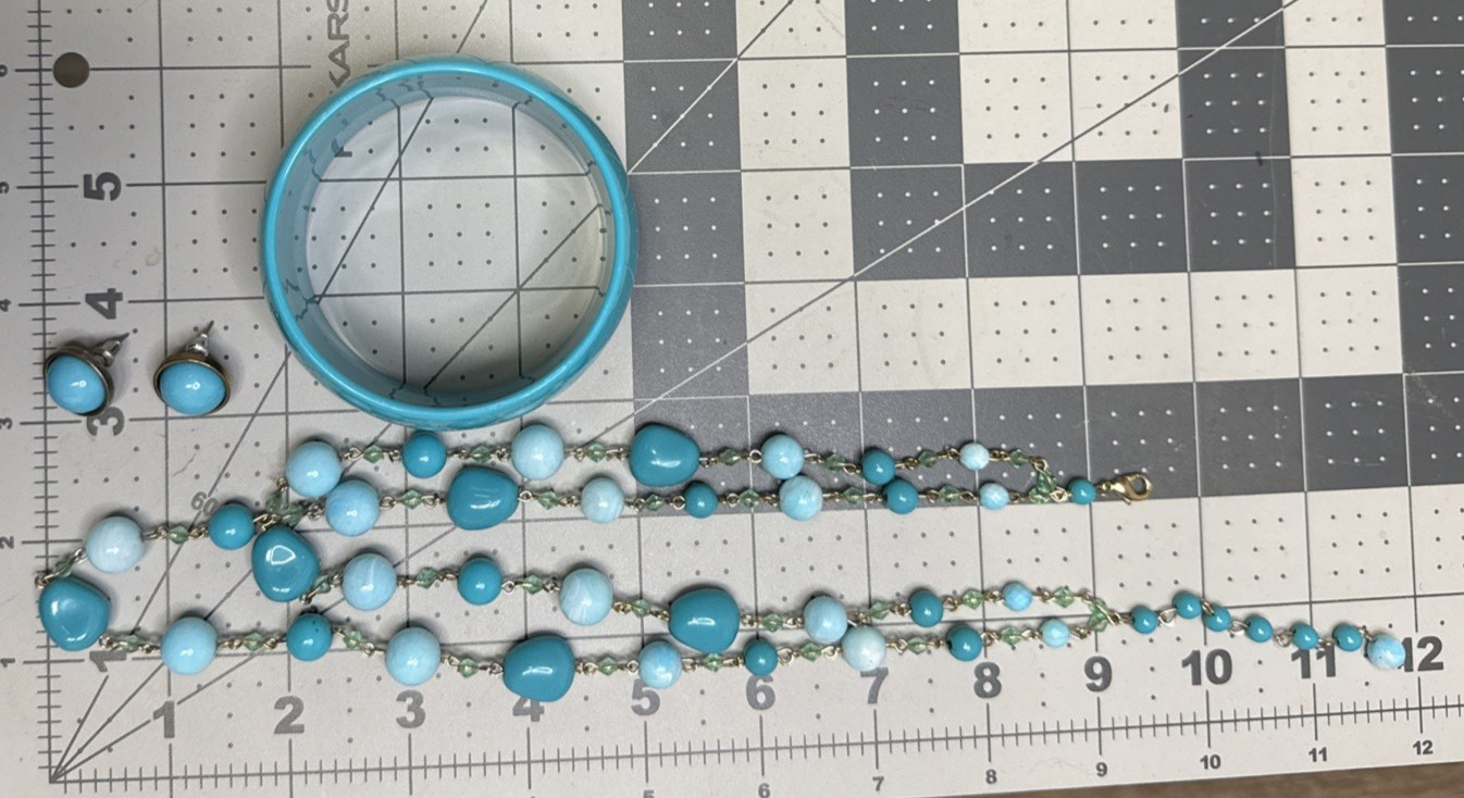 Vintage Blue Tones Bead Necklace Bangle Bracelet Pierced Stud Earrings Set of 3