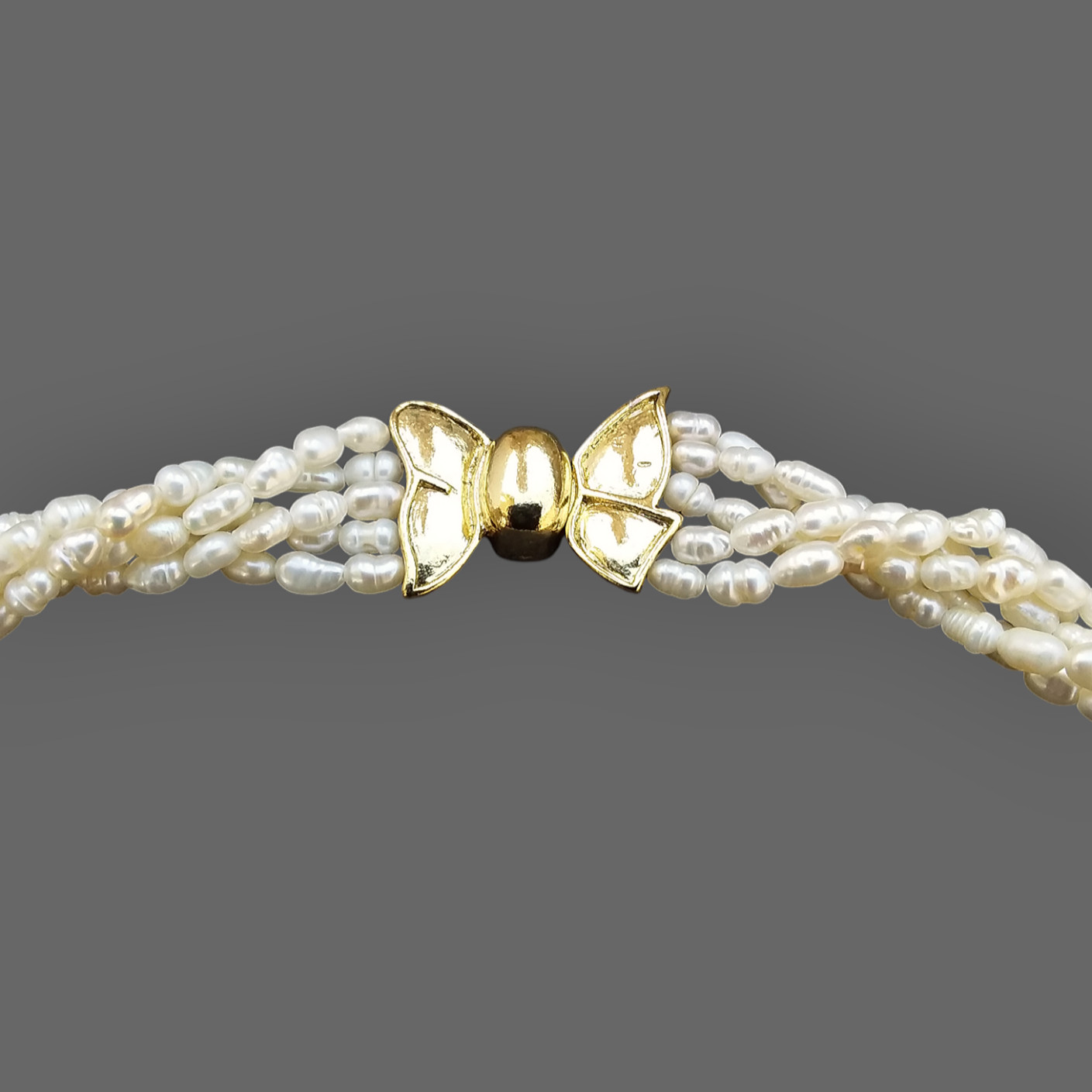 Freshwater Rice Pearls Multi Strand Necklace White Gold Tone Bow Clasp 16.5in