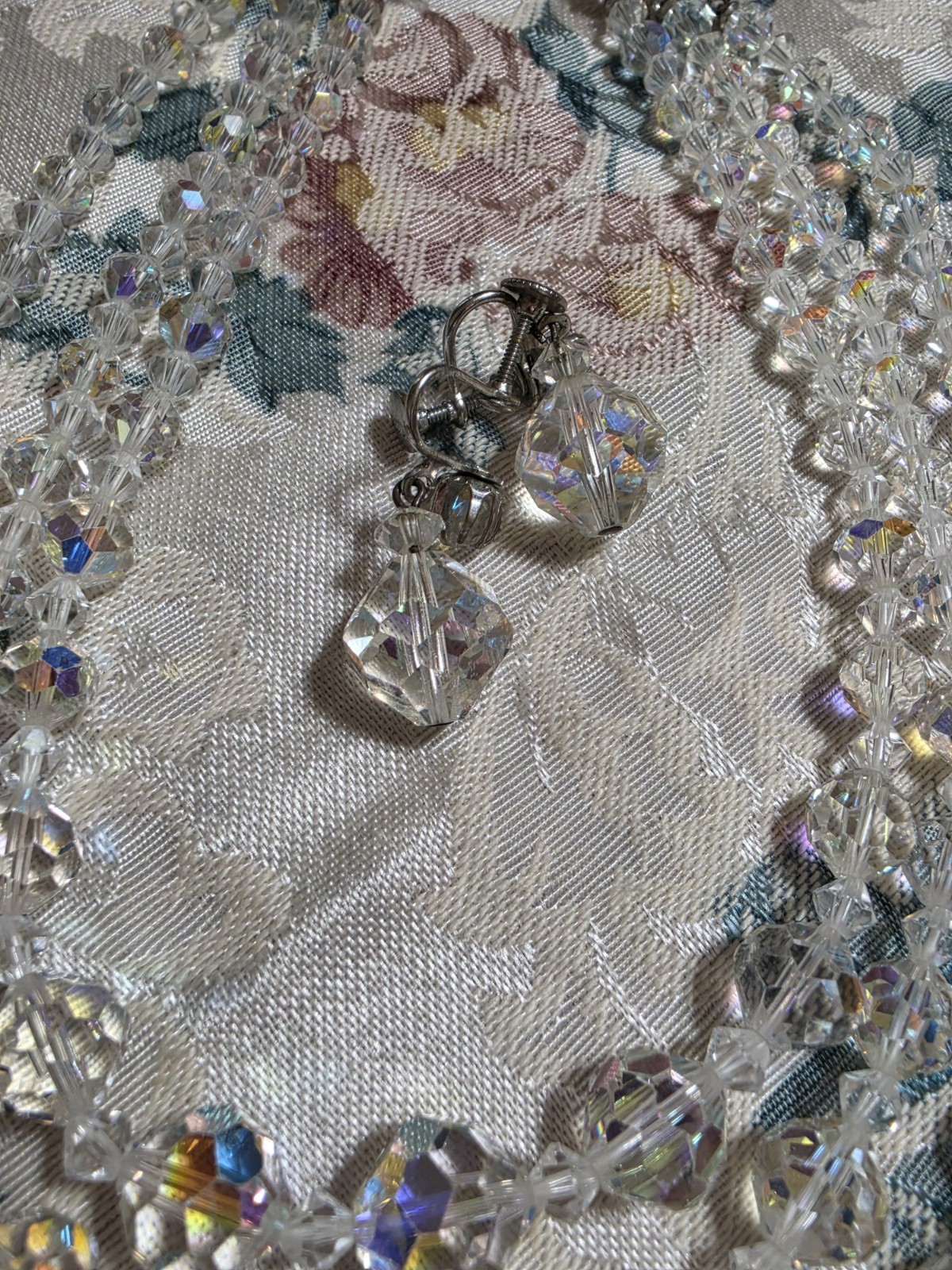 Vintage Triple Strand Graduated AB Faceted Crystals & Earrings Set Adj Necklace