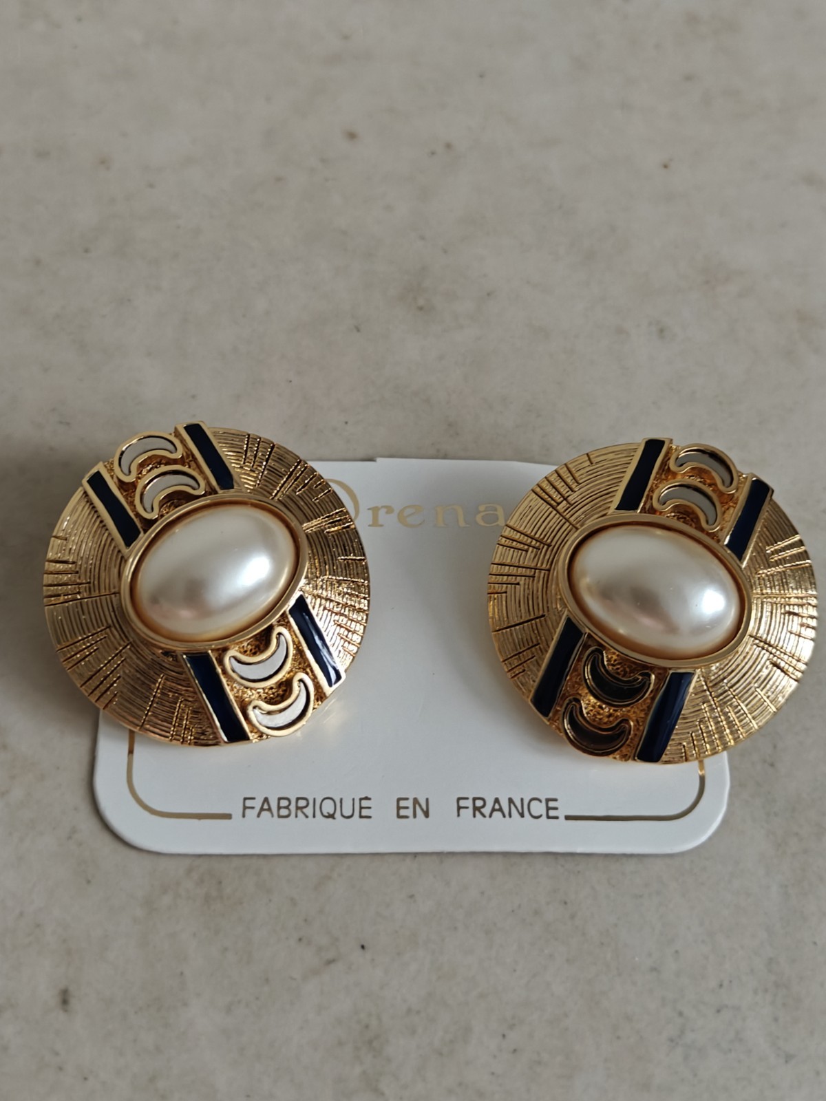 Vintage Orena Paris Faux Mabe Pearls Enamel Earrings Matte Yellow Gold New