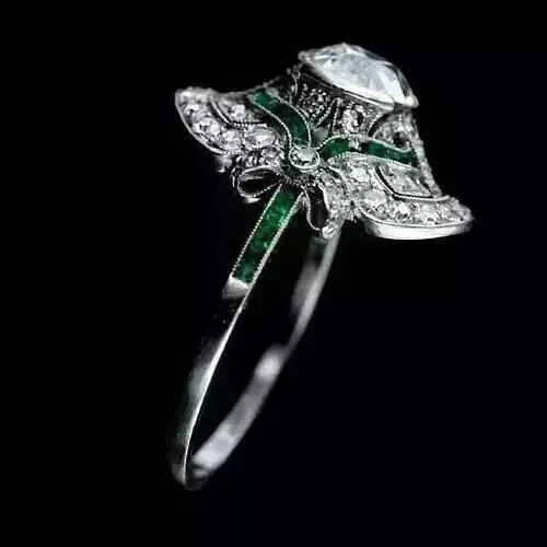 Vintage Art Deco Style Lab Created Diamond 14k White Gold FN Engagement Ring