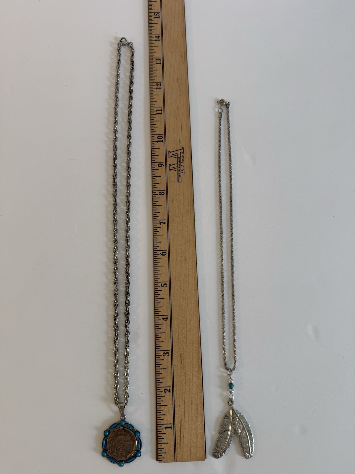Vtg Indian Head Buffalo Nickel Coin Necklace Turquoise Accents 24″ + Feather 18″