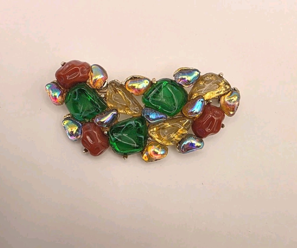 Vintage Hi End Multicolor Poured Marbled Glass Prong Set Silvertone Brooch