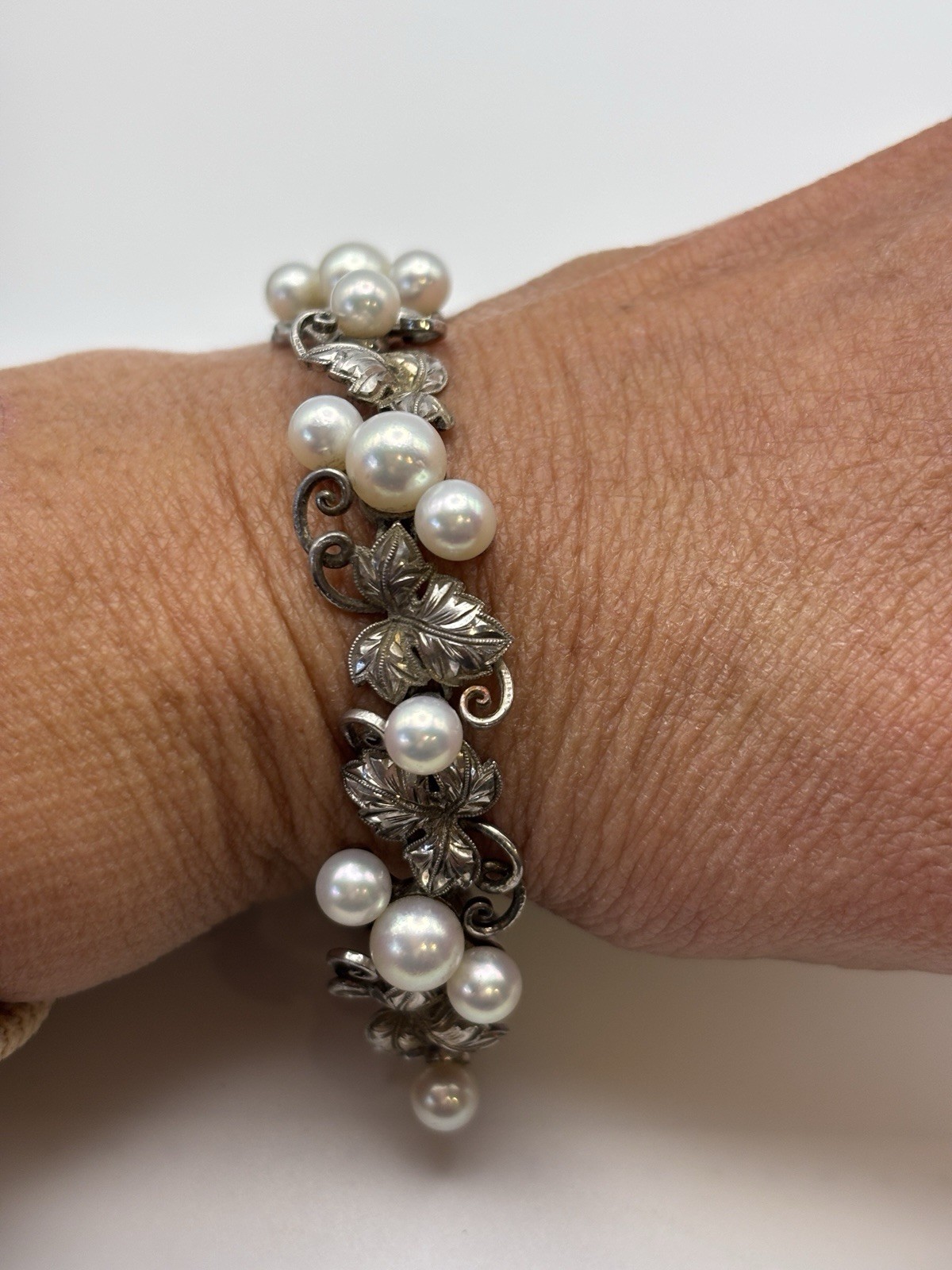 Authentic Vintage Mikimoto Silver Pearl Ornate Bracelet