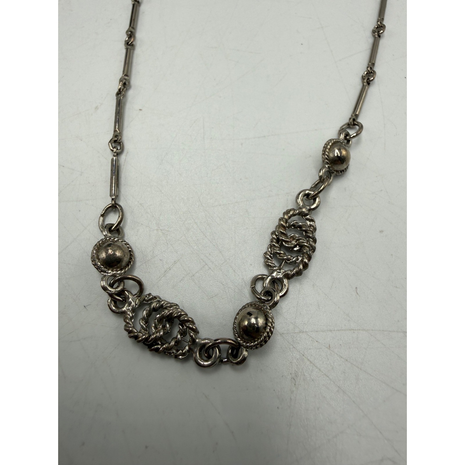 Vintage Silver Tone Bar Link Station Necklace Ornate Rope Openwork 15 Inch