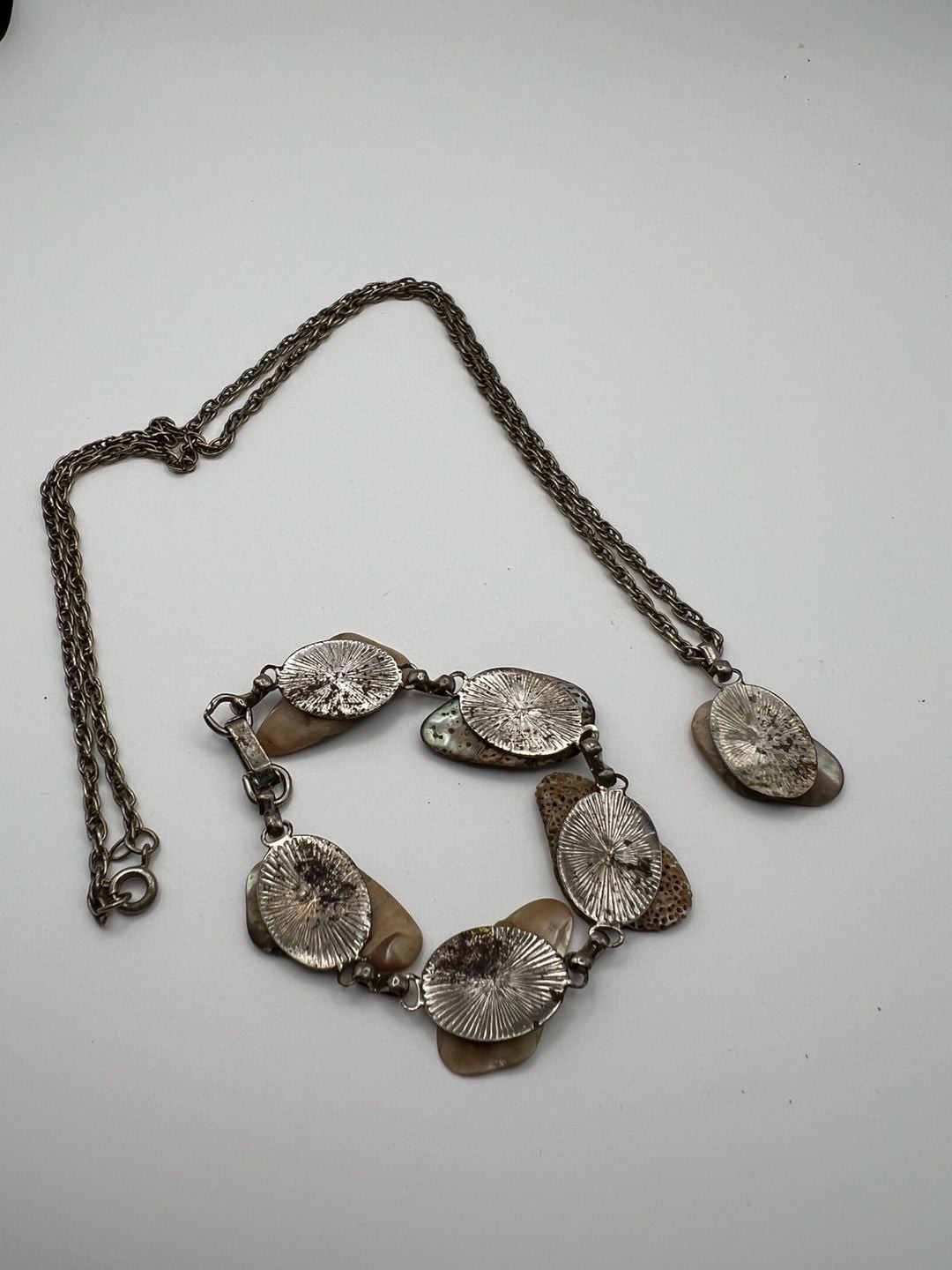 Vintage Abalone Shell Link Bracelet and Pendant Necklace Set