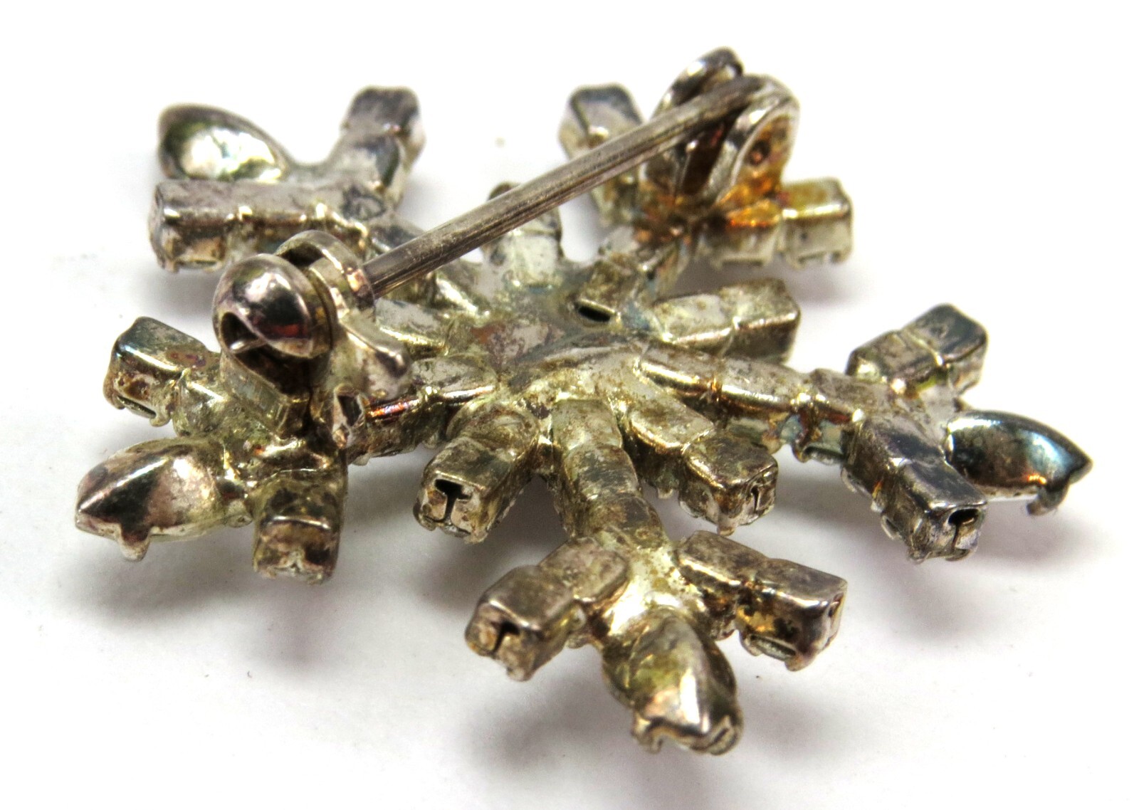 Pretty Rhinestone Snowflake Vintage Brooch, About 1-1/8″ Across – Read