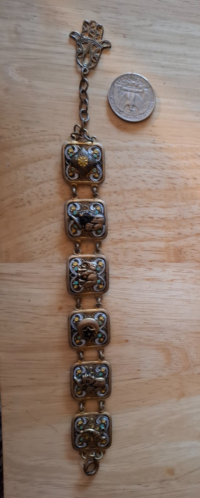 Vintage Jewelry Brass Tone Panel Link Bracelet with Filigree, Enamel & Cabochons