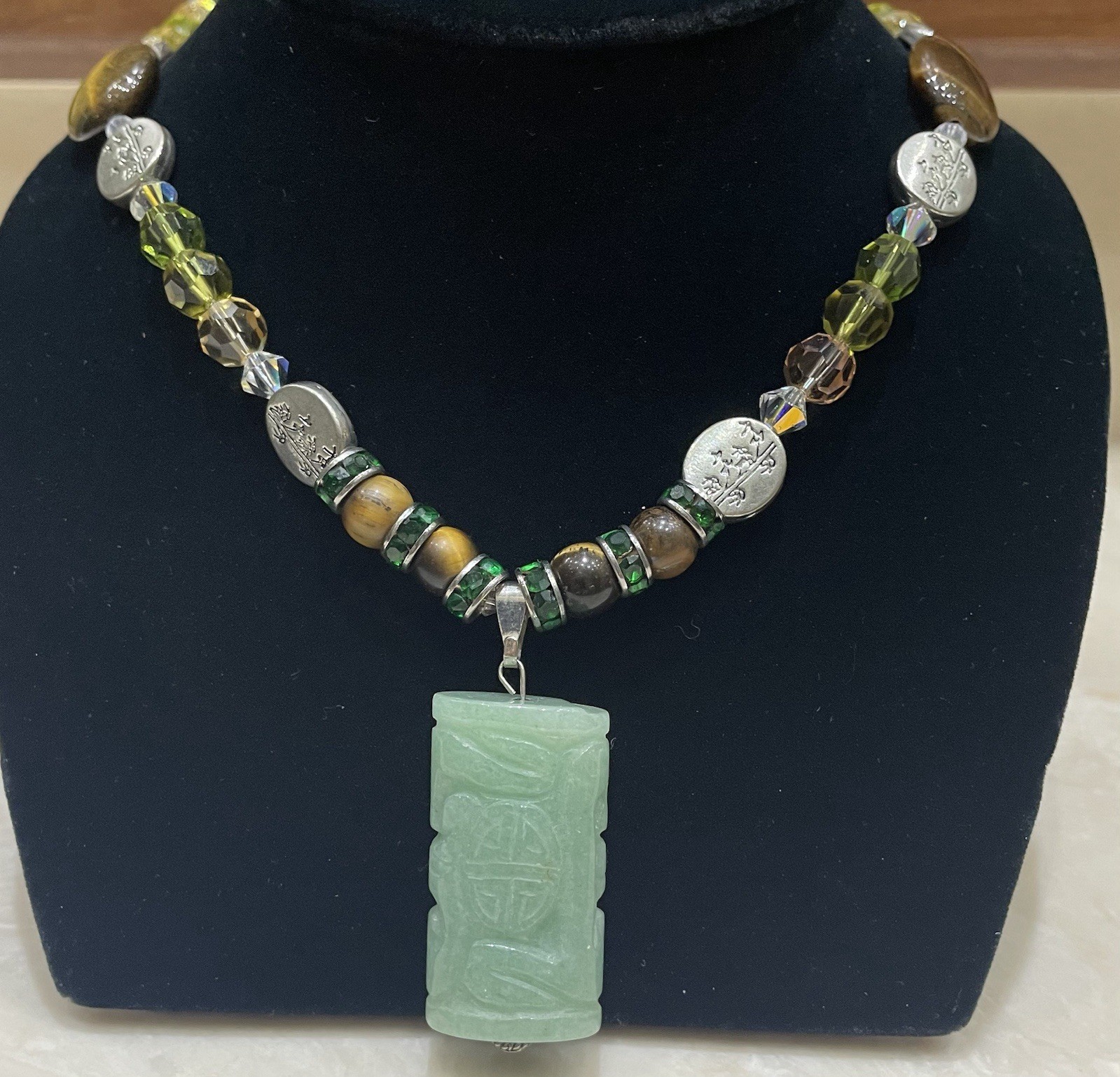 Carved Green Jade Pendant Necklace 22”