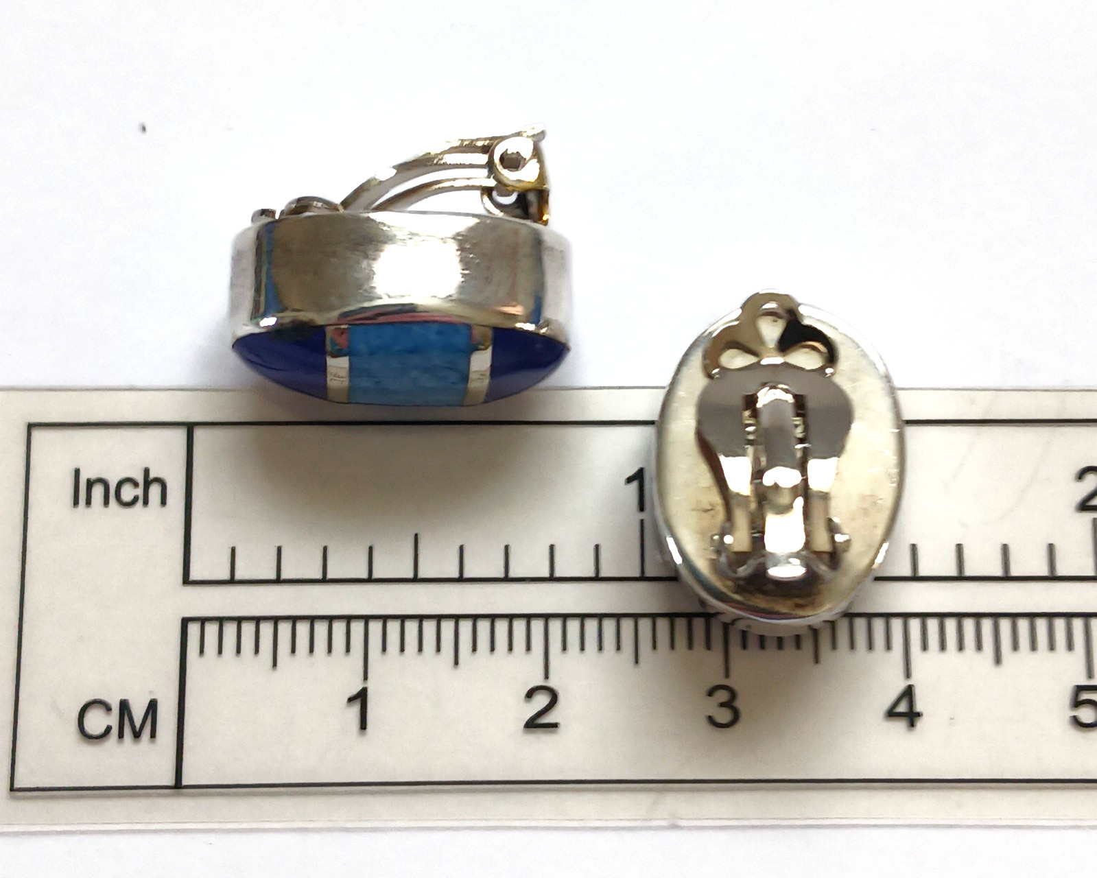 Sterling Silver Mexico 2 Tone Blue Lapis Denim Clip on Oval Earrings