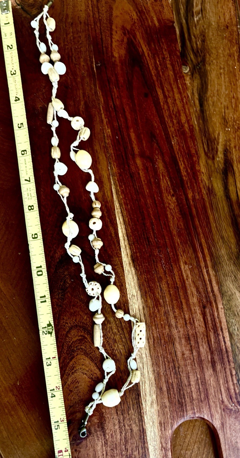 Vintage 90s Multi Strand Wood Bead Necklace Woven Cord Boho Bone Layered Choker