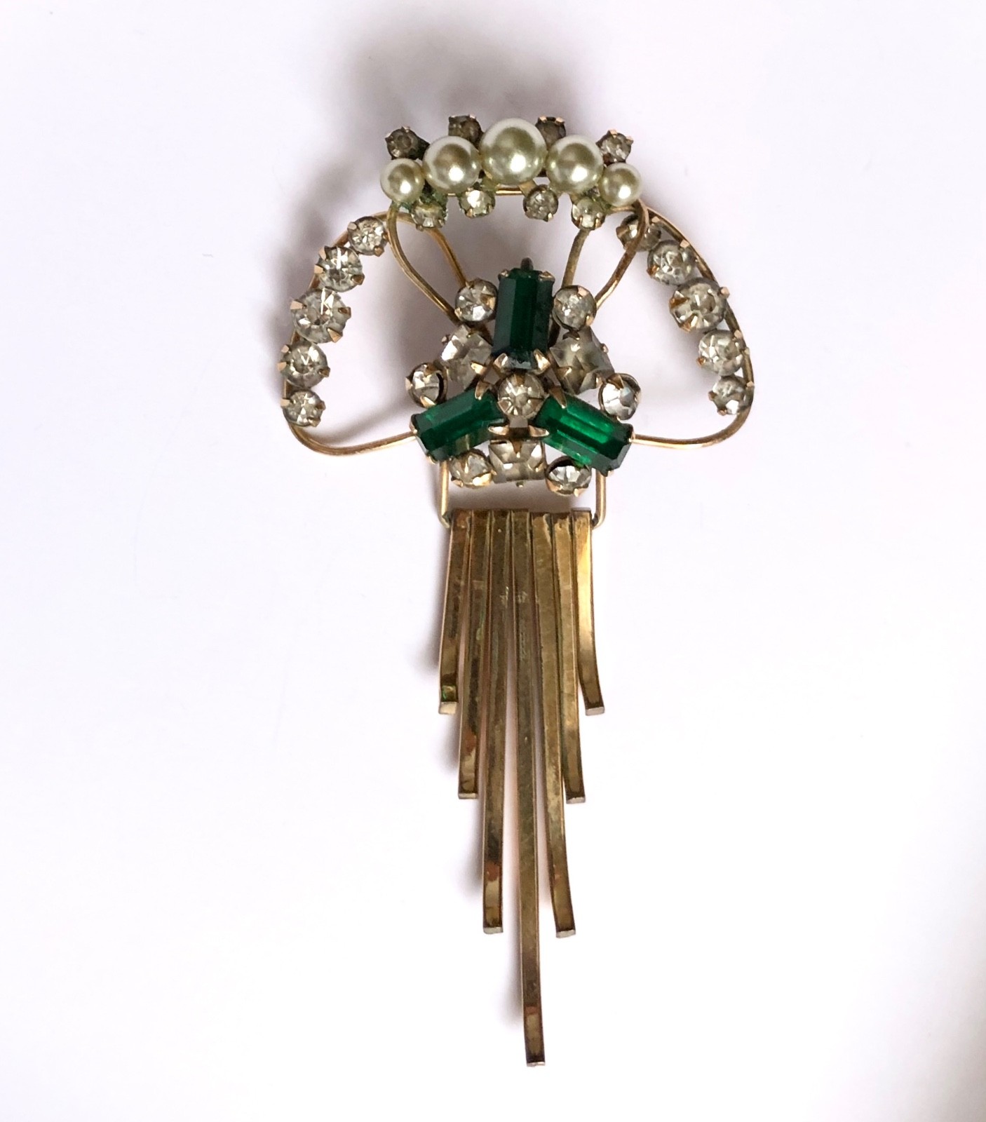 Gold Filled M&S Brooch Pendant 12KT GF Green Stones Prong Set Art Deco Vintage