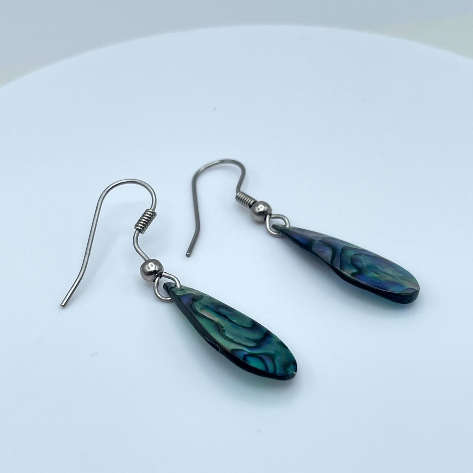Vintage Silver-Tone Iridescent Paua Abalone Shell Teardrop Drop Hook Earrings