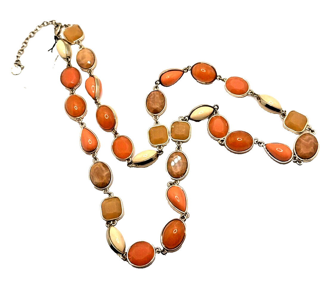 NWT TALBOTS Statement Necklace Peach Orange Tan Gold Tone Links 36-38″ Long NOS