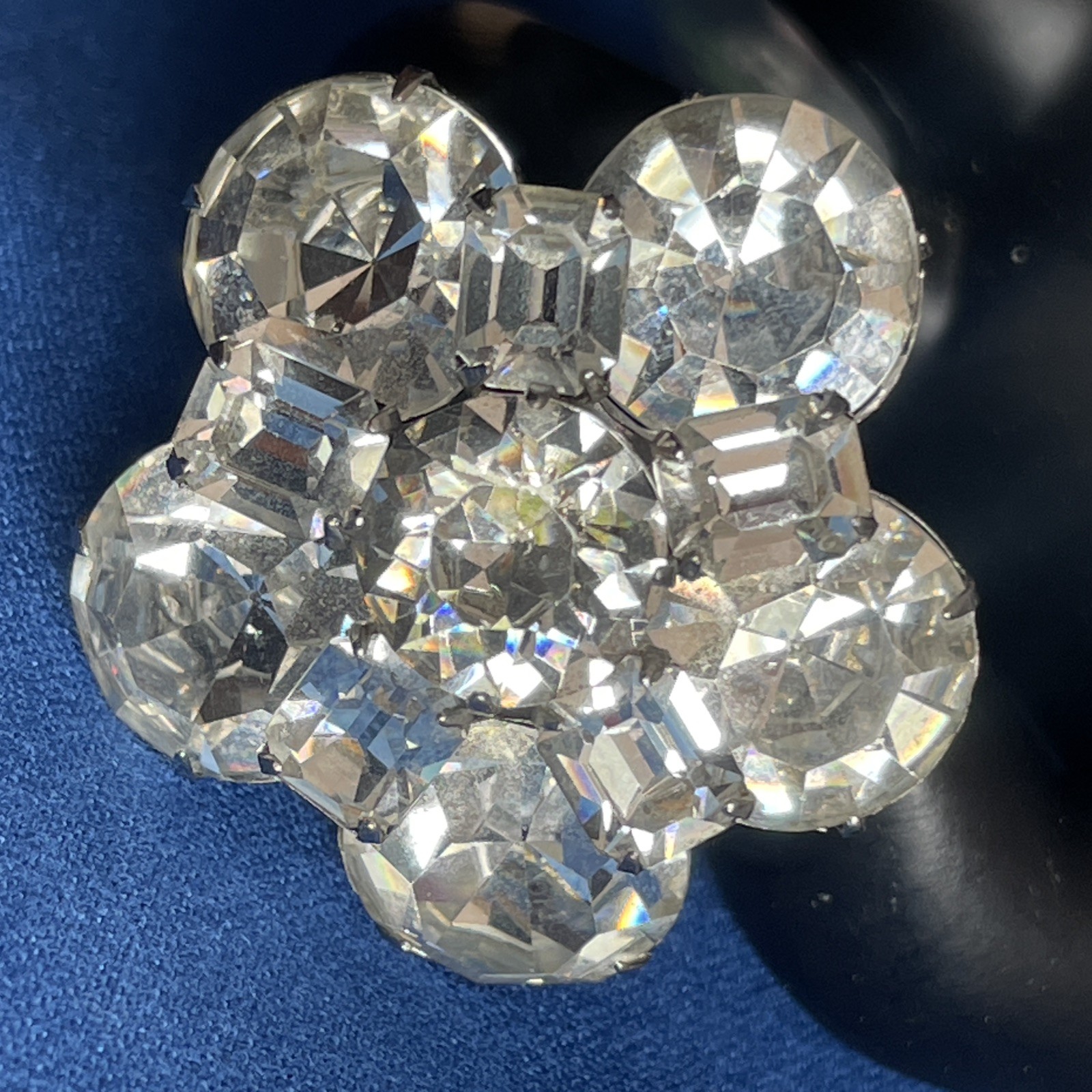 Kramer of NY Domed 1950s Brooch Emerald Cut & Large 1.5” Round Rhinestones E9
