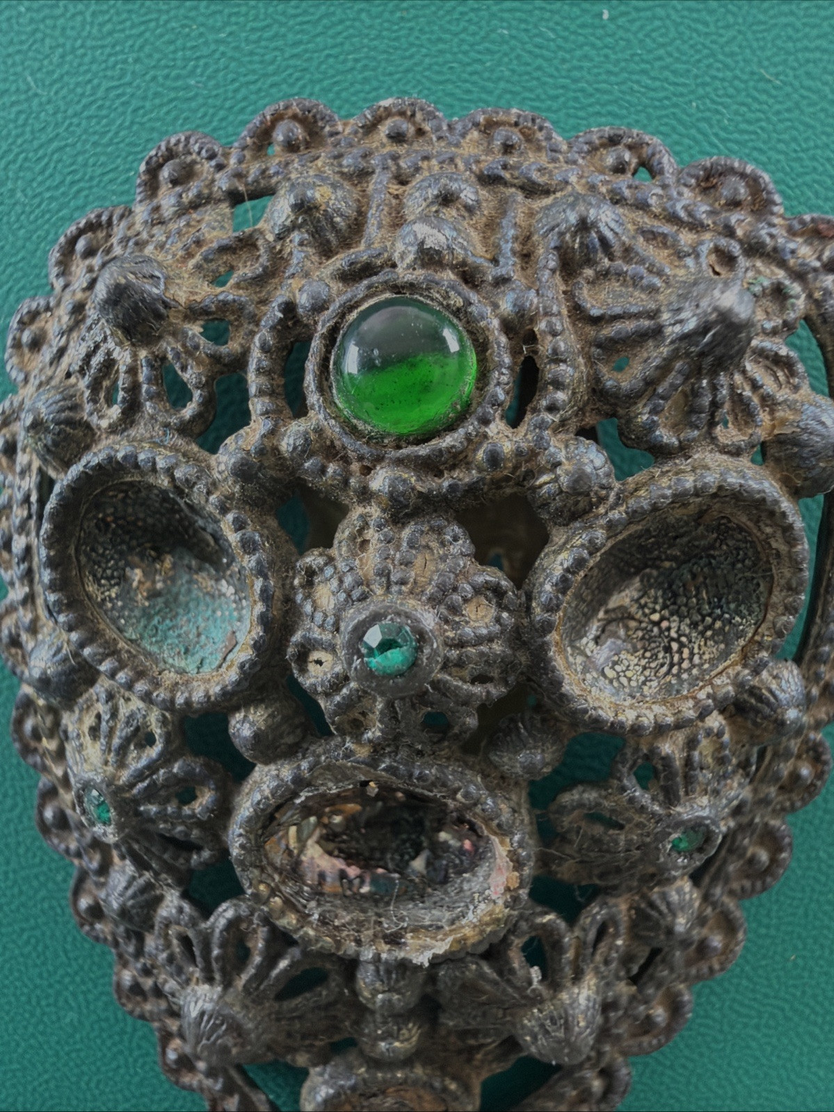 New England Glass Works Dress Clip Emerald Green Rhinestones READ Missing Stones