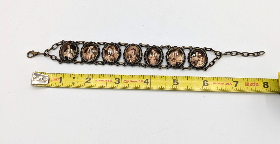 Vintage Religious Panel Link Bracelet Madonna & Child Sepia Mother & Baby