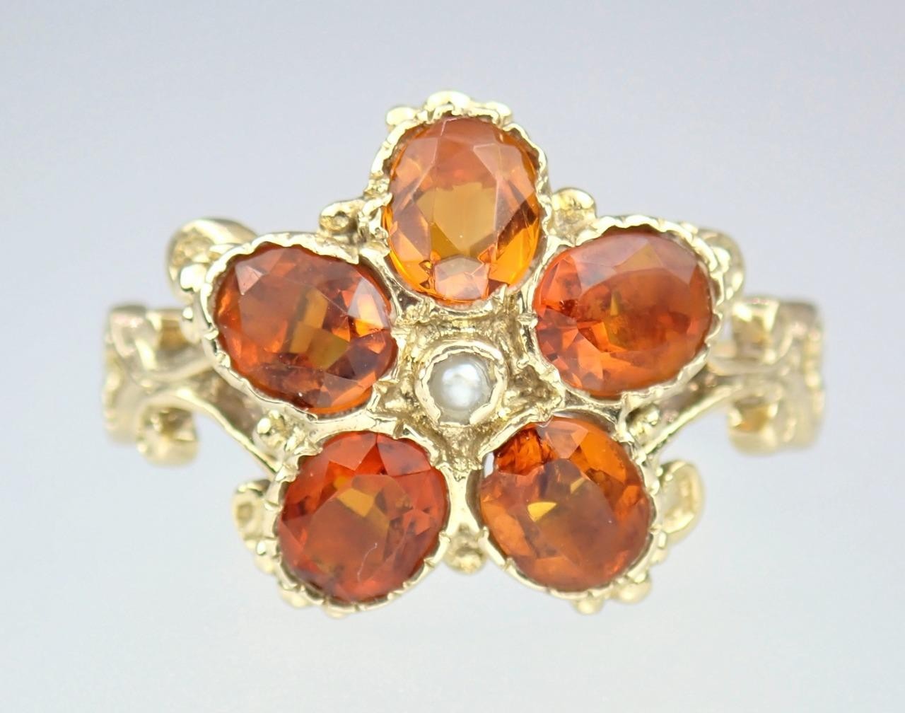 Pretty Vintage Solid 9K Gold Madeira Citrine Pearl Floral Scroll Ring 1971 7.25
