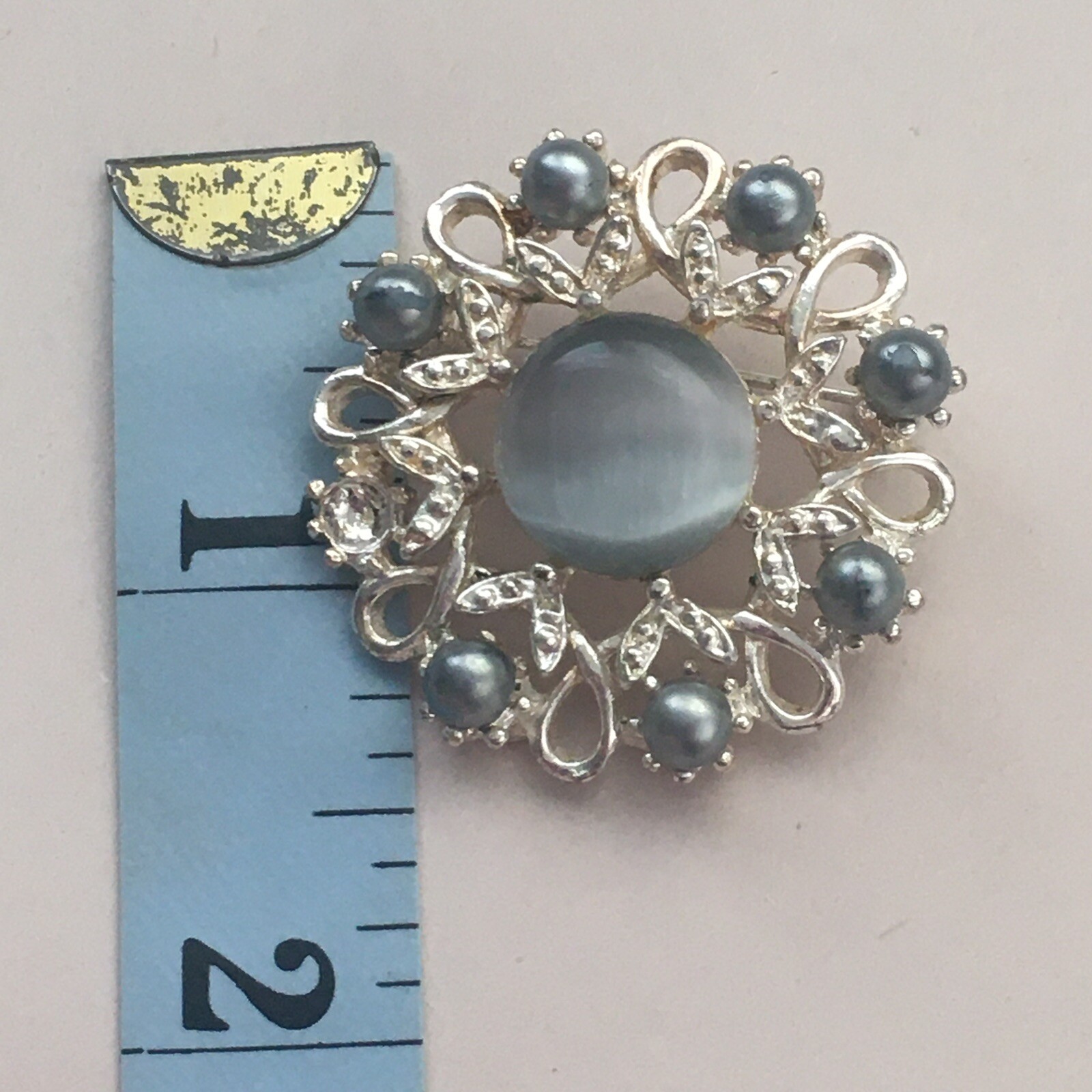 Vintage Brooch Flower Ornate Pearls Floral Grey Silver Pin Nature Plants Stone