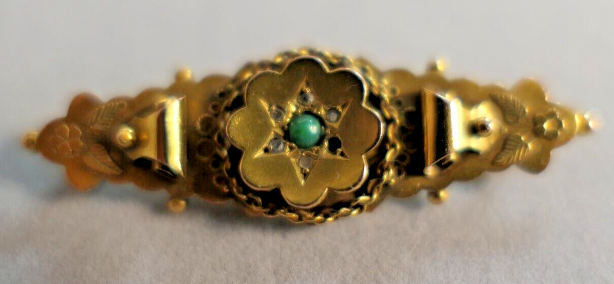 Antique 9K Karat Gold Diamond Turquoise Mourning Brooch Hallmarks Tested *READ*