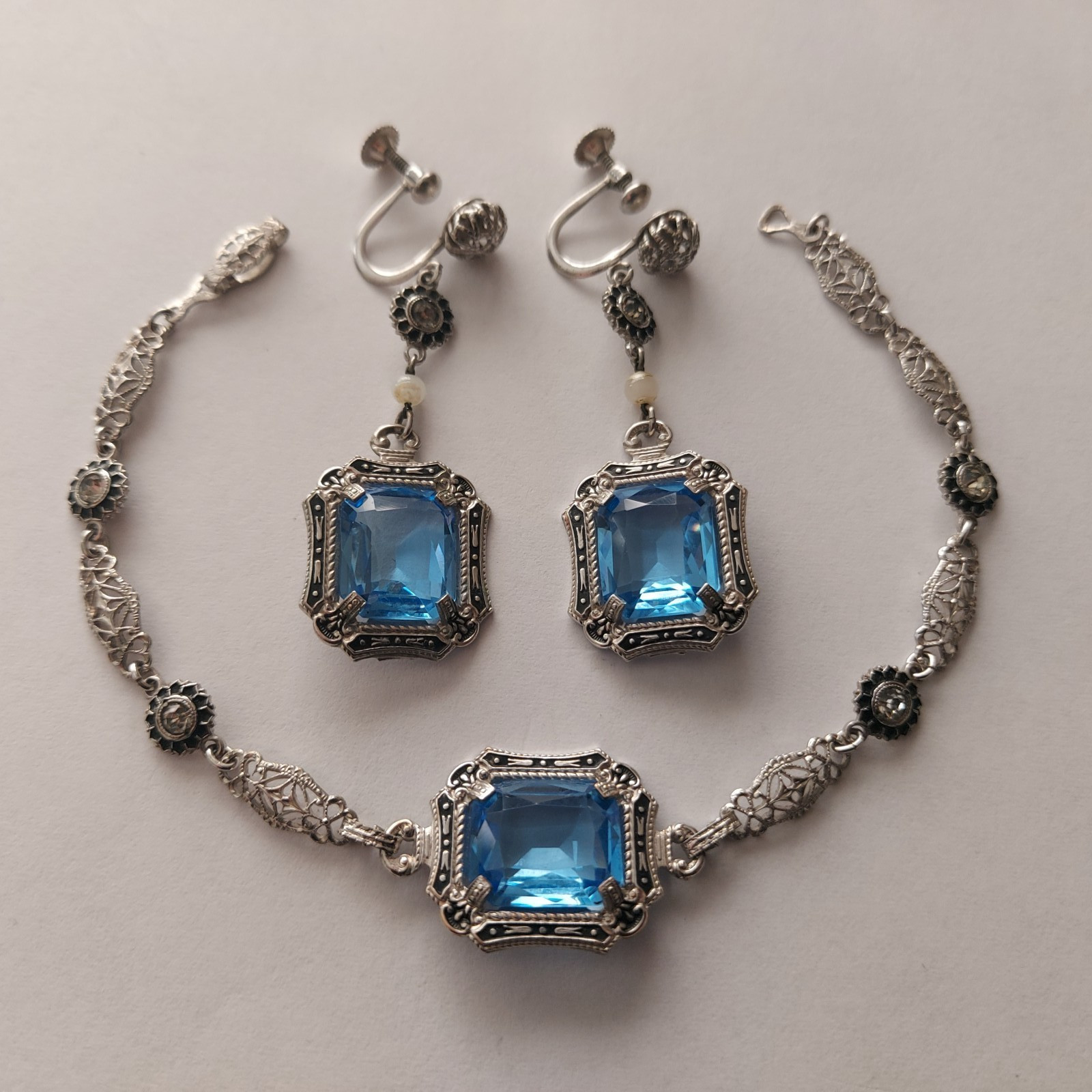 Antique Art Deco Blue Faceted Glass Ornate Filigree Bracelet & Earrings Set