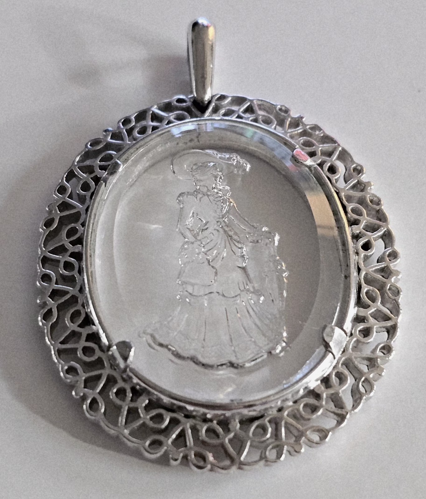 Vintage Avon Cameo Pendant Silver Tone Filigree Lady Intaglio Necklace Charm