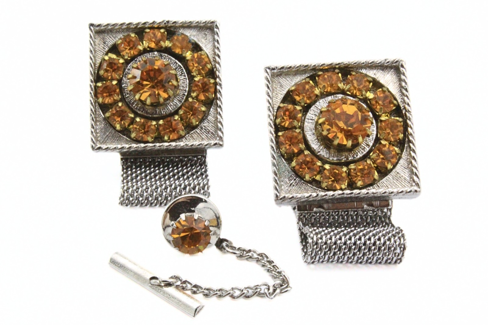 Di Gino Designer Retro Yellow Rhinestones Cufflinks Tie Tac Set