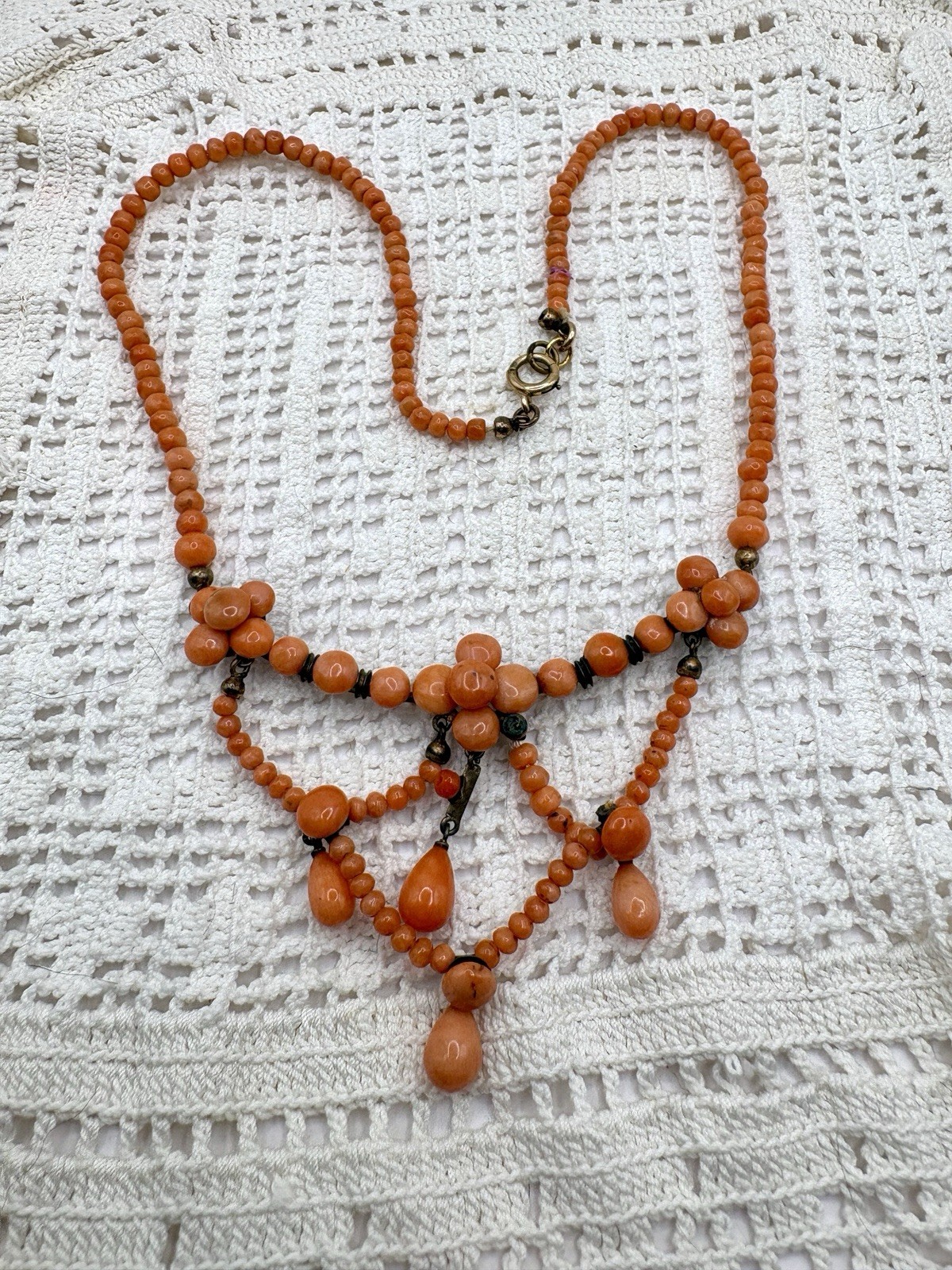 Antique Sterling Natural Mediterranean Salmon Coral Festoon Dangle Necklace 16”