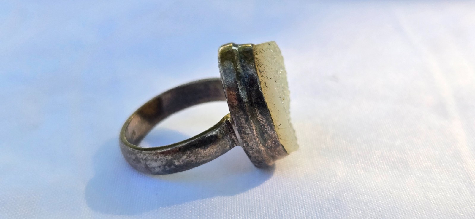Vintage 925 Sterling Silver Agate Druzy Geode Stone Smooth Border Ring US Size 6