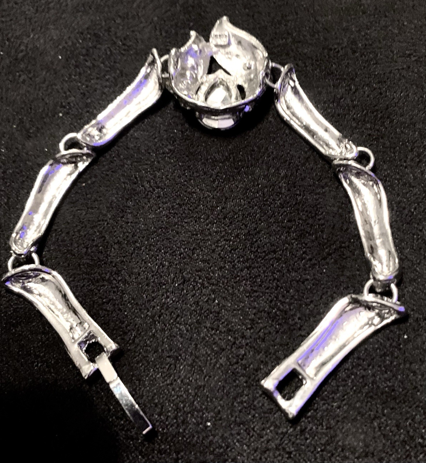 Vintage sterling silver link bracelet / amber stones and small white crystals