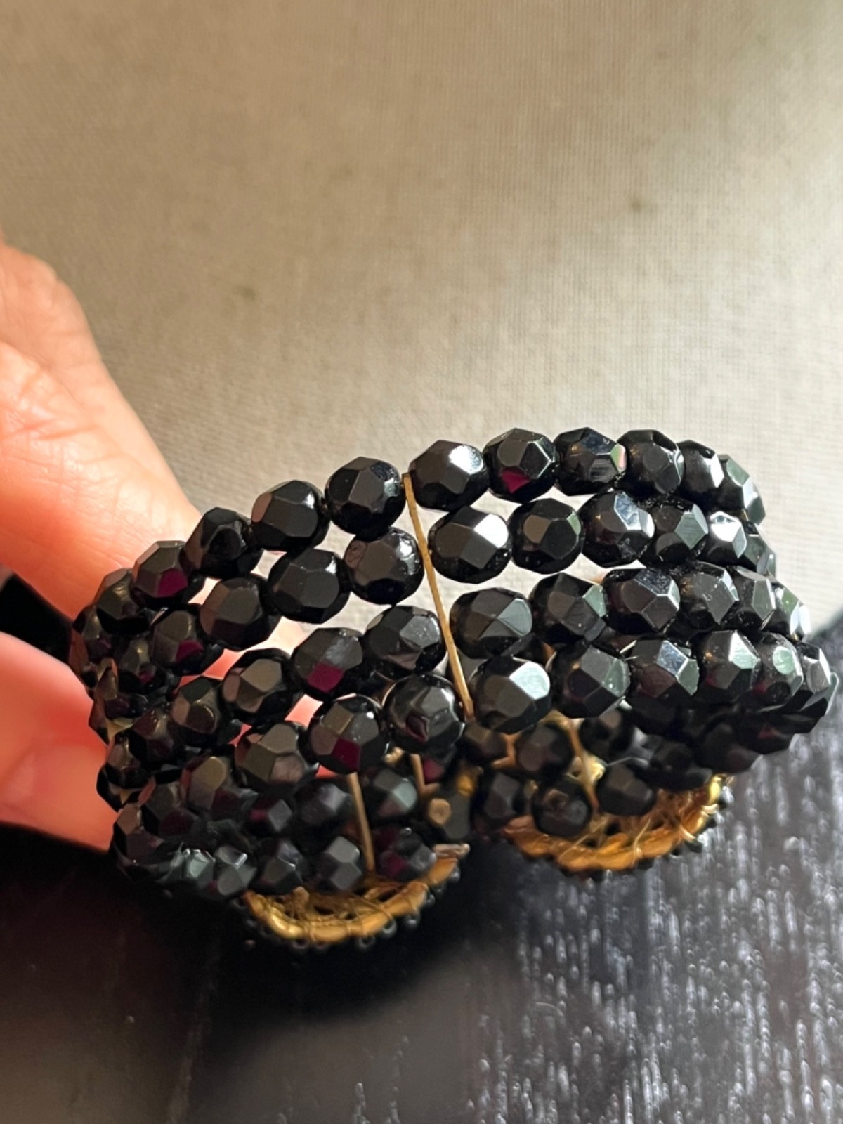 Beautiful Vintage Miriam Haskell Black Glass Bracelet Earrings Gold Pinecone