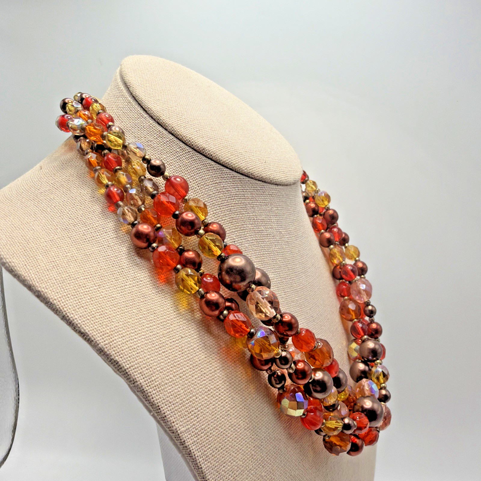 Joan Rivers Multi Strand Glass & Lucite Beaded Necklace Fall Colors Size 21”