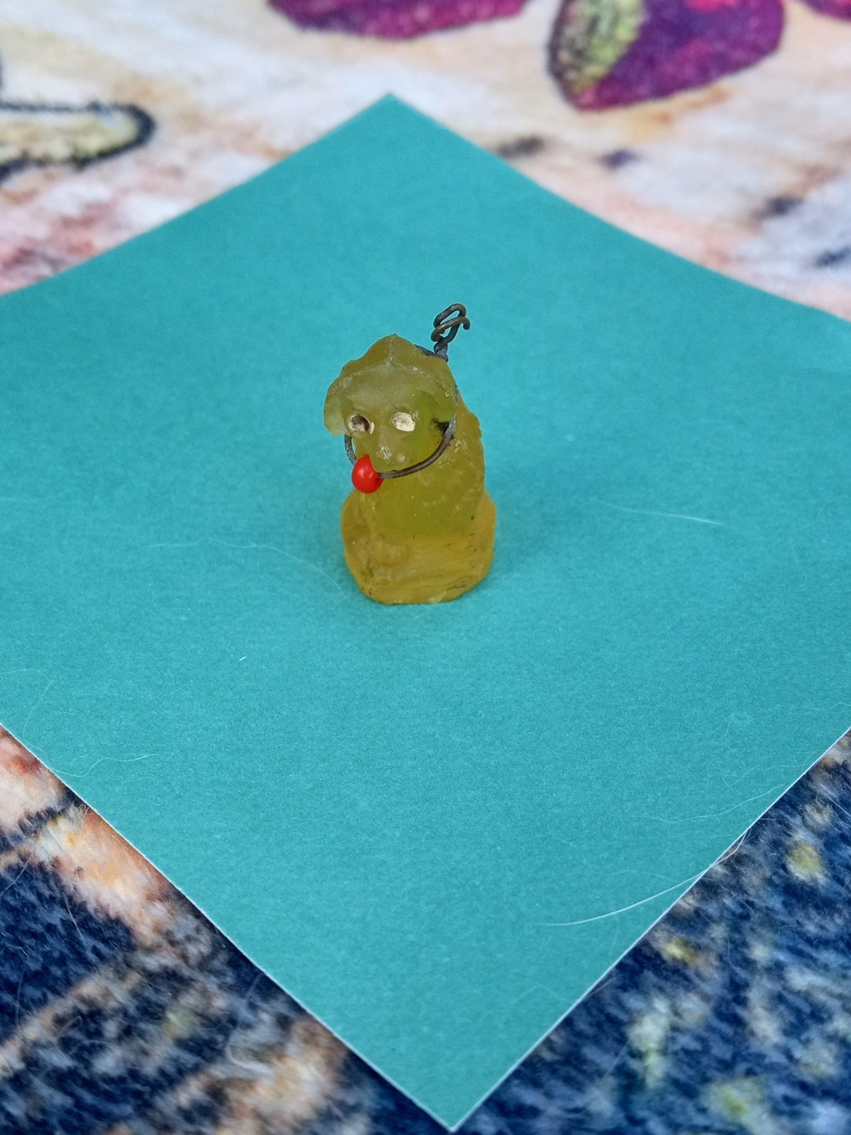 Antique, Vintage Czech Yellow Dog Cracker Jack Glass Charm, Prize, 1″