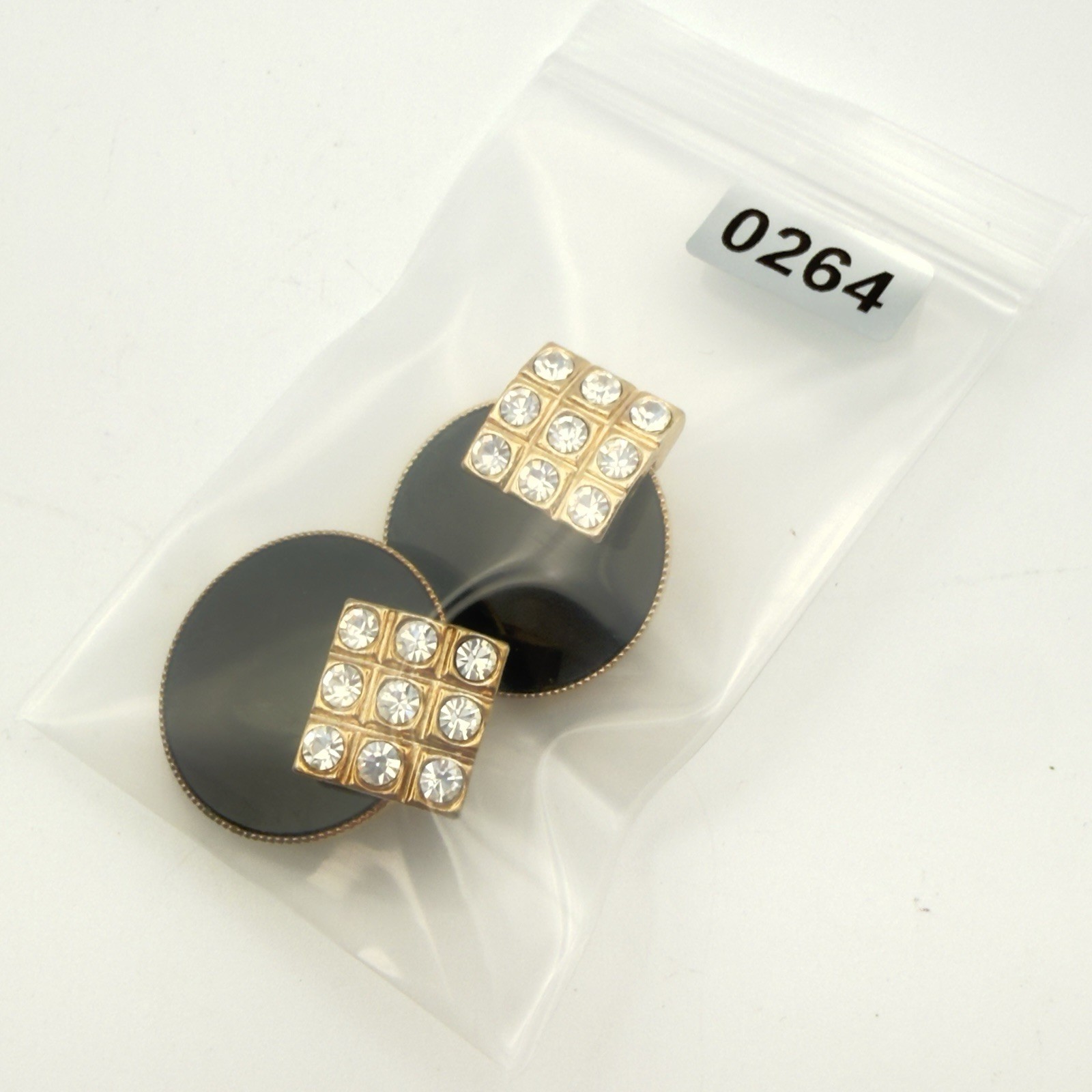 Vintage Rhinestone Clip On Earrings Black Enamel Gold Tone Geometric Discs