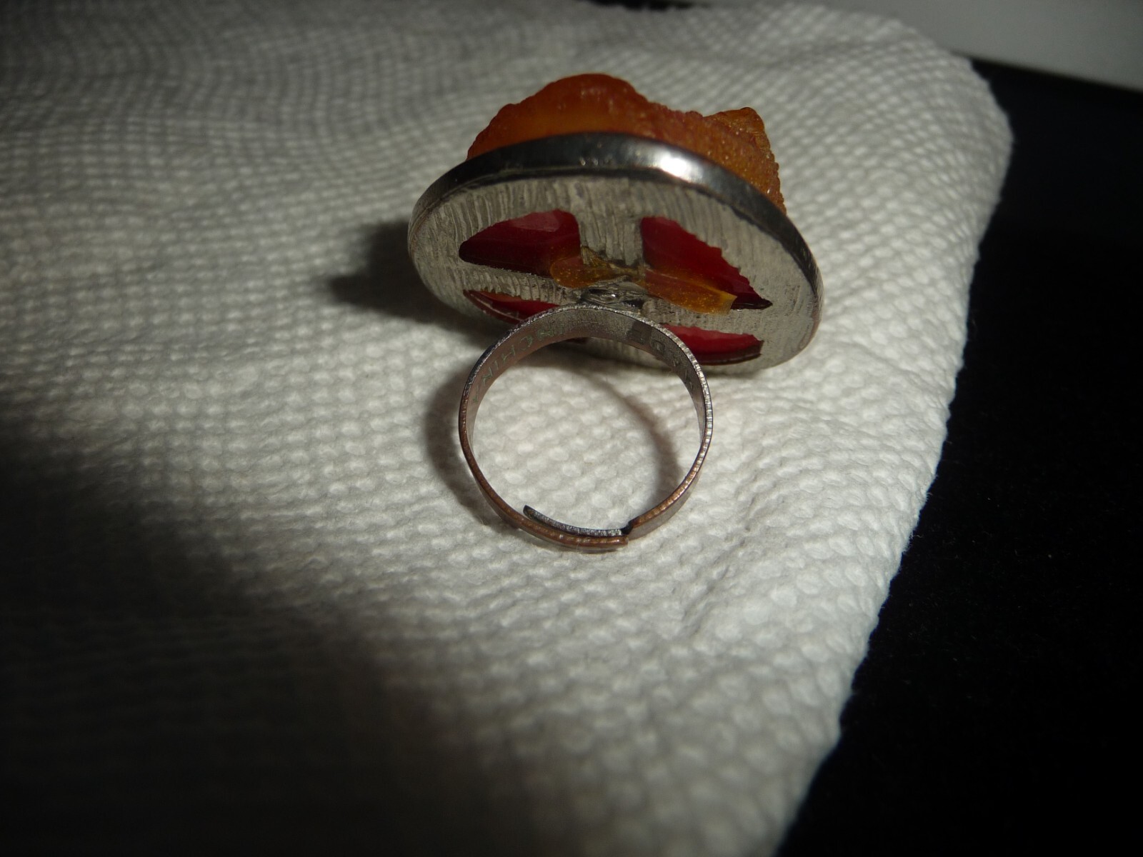 HUGH 1” X 1 1/4” RED CENTER STONE ASIS ADJUDTABLE SILVER TON SZ 5 RING #27/7 F