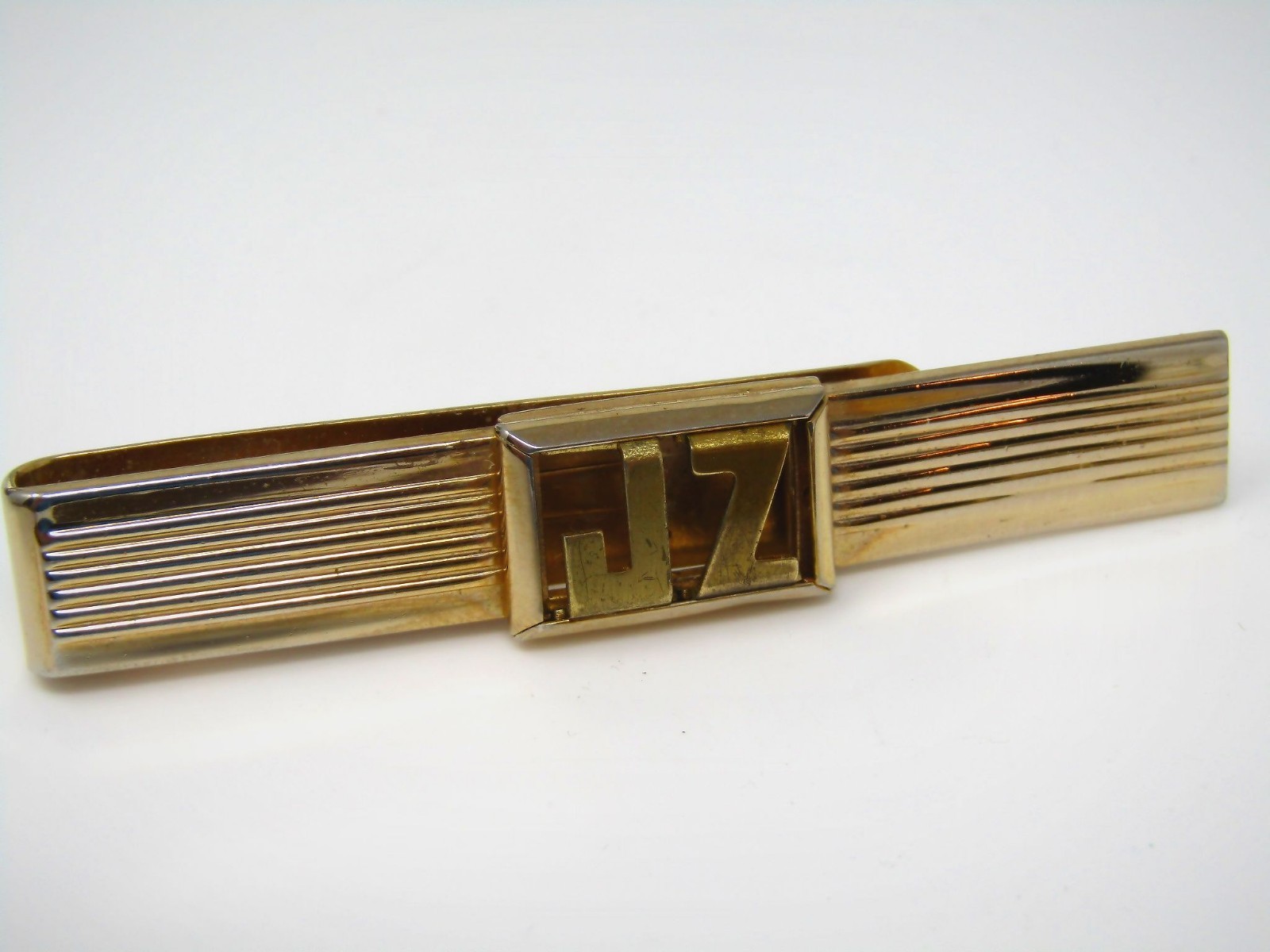 Vintage JZ Monogram Tie Bar Clip Art Deco Style Gold Tone Men’s Formal Accessory