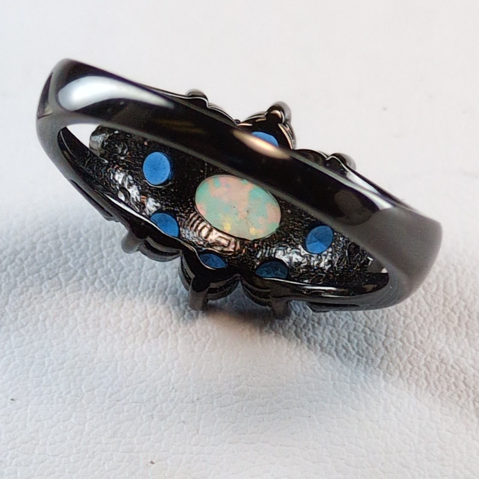 Goth Black Gunsmoke 925Sterling Silver Lab-Created Opal Blue Sapphires CZ Ring
