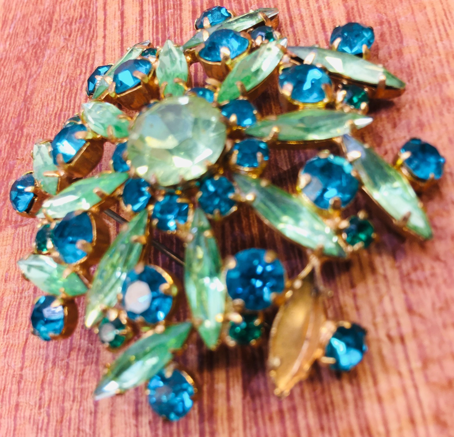 Vtg Austrian Brooch Dome Navette Apple & Dark Green Rhinestone Missing 1 Stone