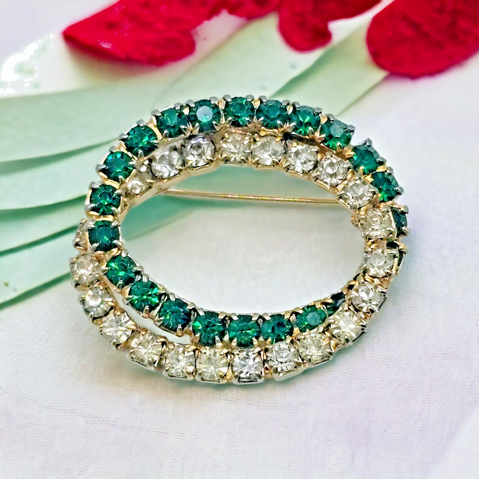 Emerald Green Brooch Vintage Open Double Oval Crystal May Statement Jewelry Pin
