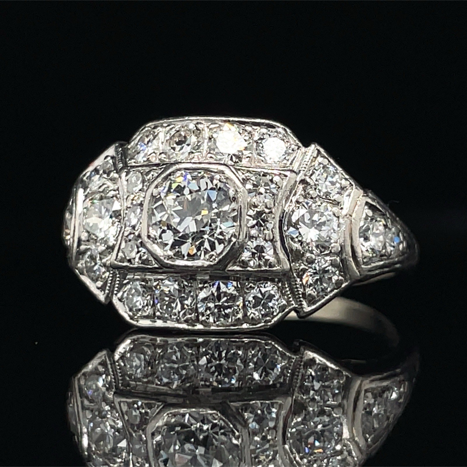 Art Deco Old European Cut Diamond Ring Set In Platinum