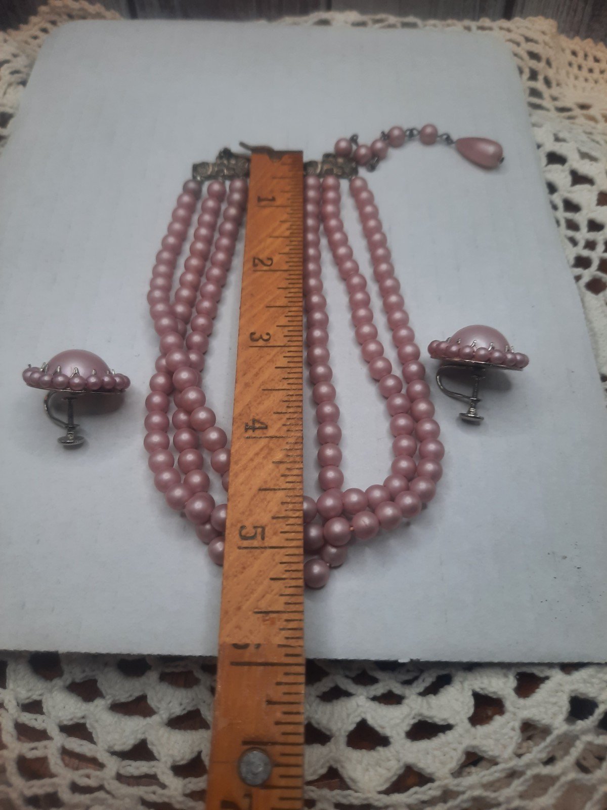 Vintage 3 Strand Adjustable Collar Necklace Clip On Earrings faux pearls beads