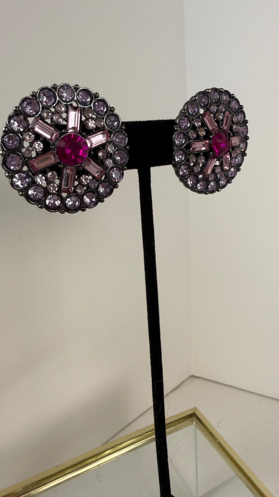 Vintage Gunmetal Pink Glass Rhinestone Statement Stud Earrings