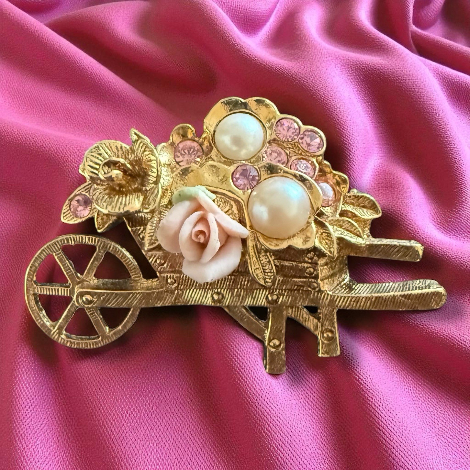 1928 Jewelry Floral Wheelbarrow Brooch Gold Tone Pink Rhinestone Vintage
