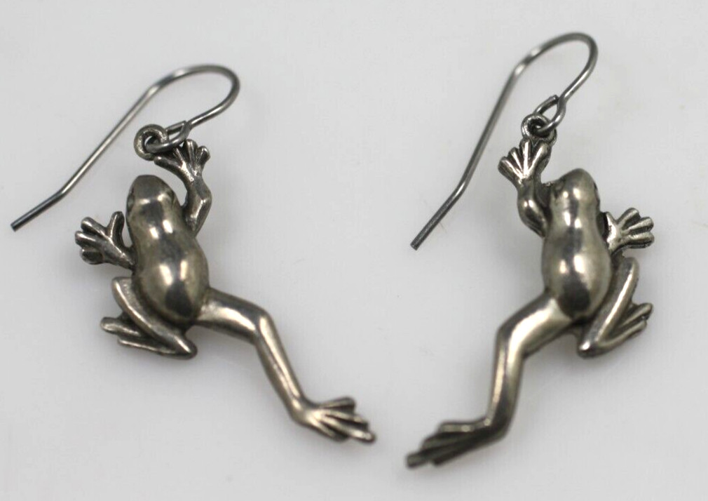 Jim Clift Pewter french Hook jumping tree frog drop dangle Pierced Earrings