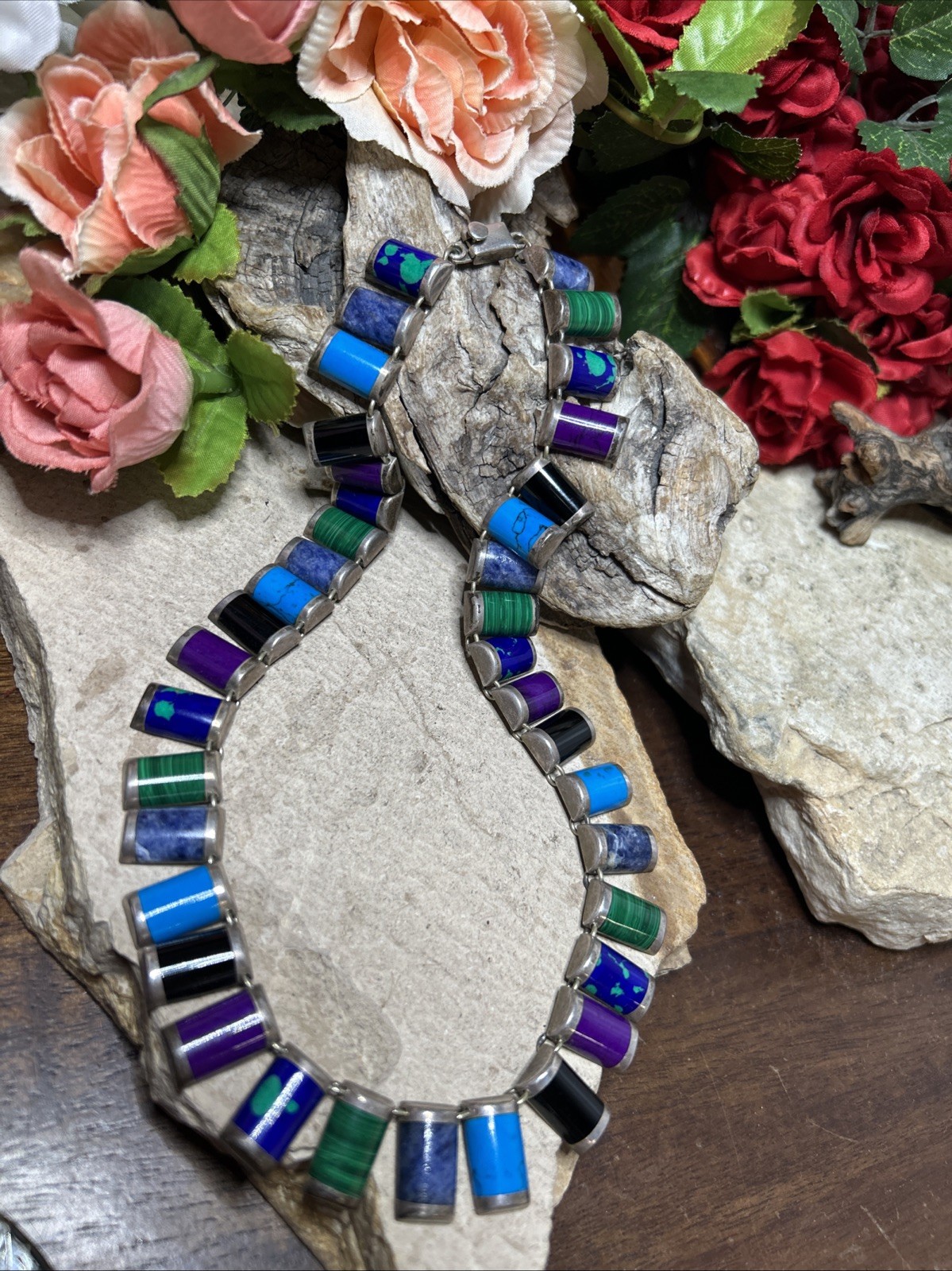 53. Vintage 925 Sterling Inlaid Multi Stone Link Collar Necklace 16″, 57.7g, Mex