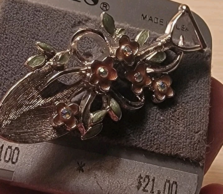 Vintage 1928 Gardening Shovel Brooch With Rhinestones Flowers Jewelry Unused