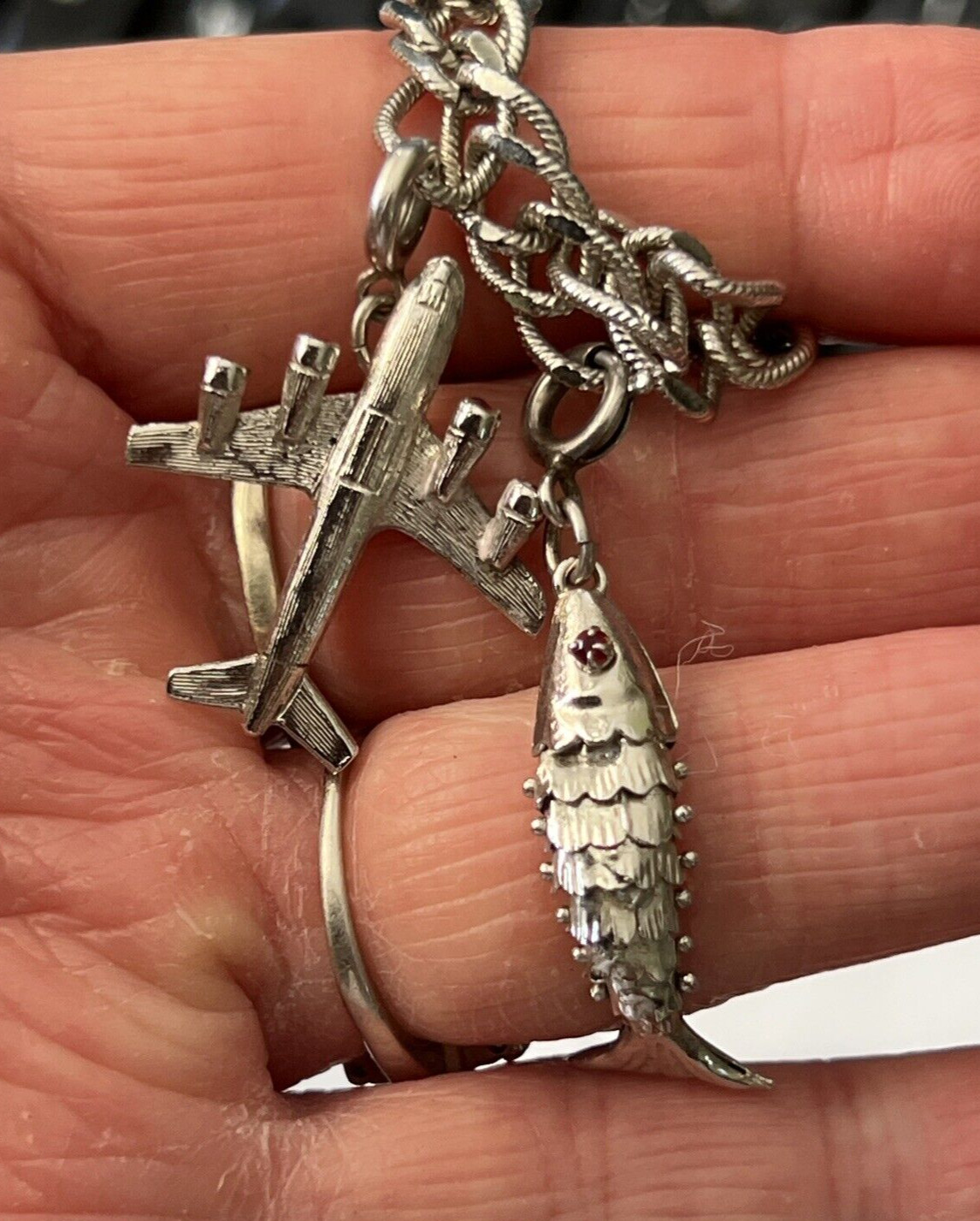 Vintage Silvertone Monet Starter Charm Bracelet Two Charms Airplane Fish 7″