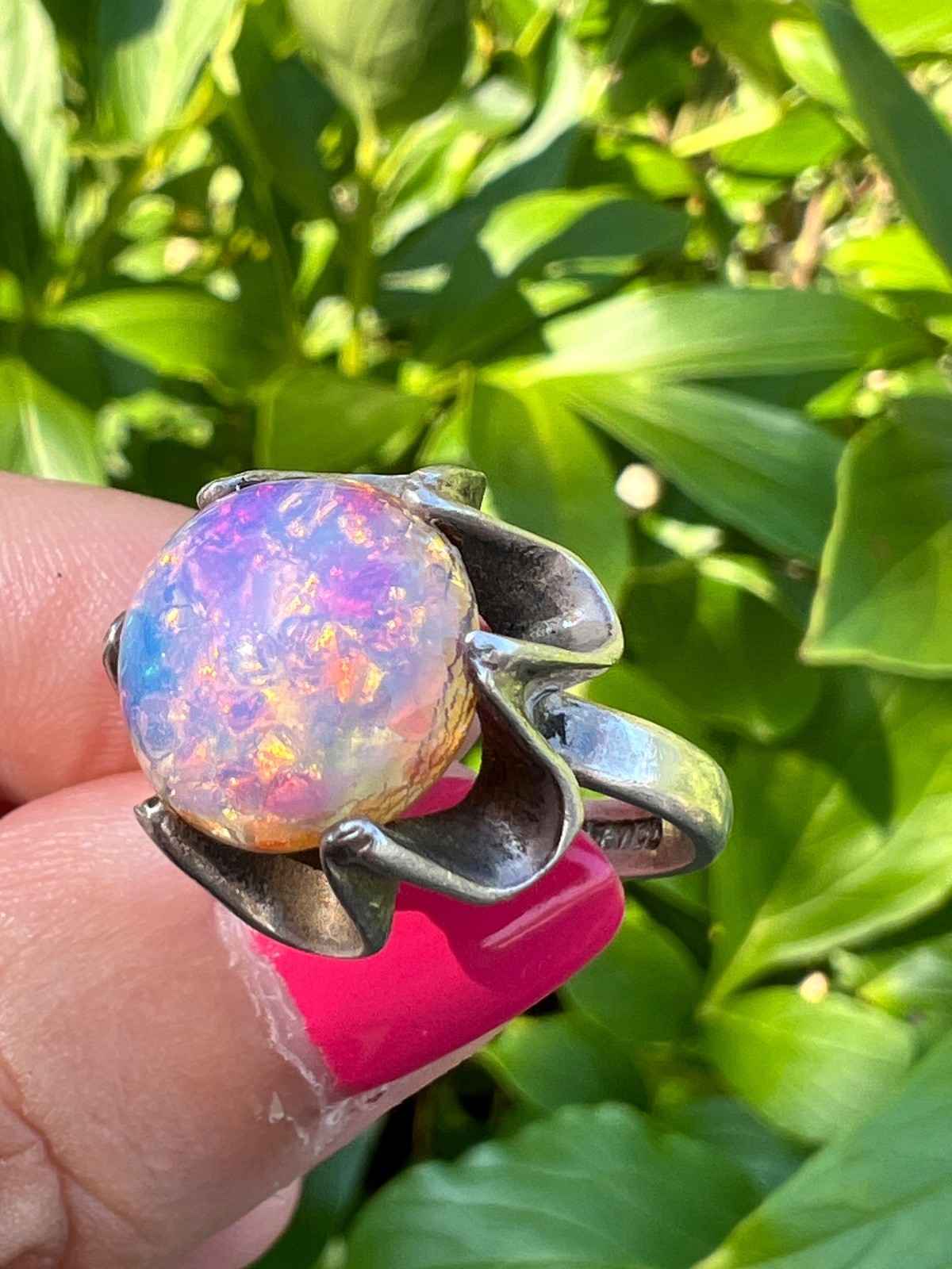 VINTAGE LARGE ROUND CABOCHON FAUX RAINBOW OPAL RING 925 STERLING SLVER MEXICO